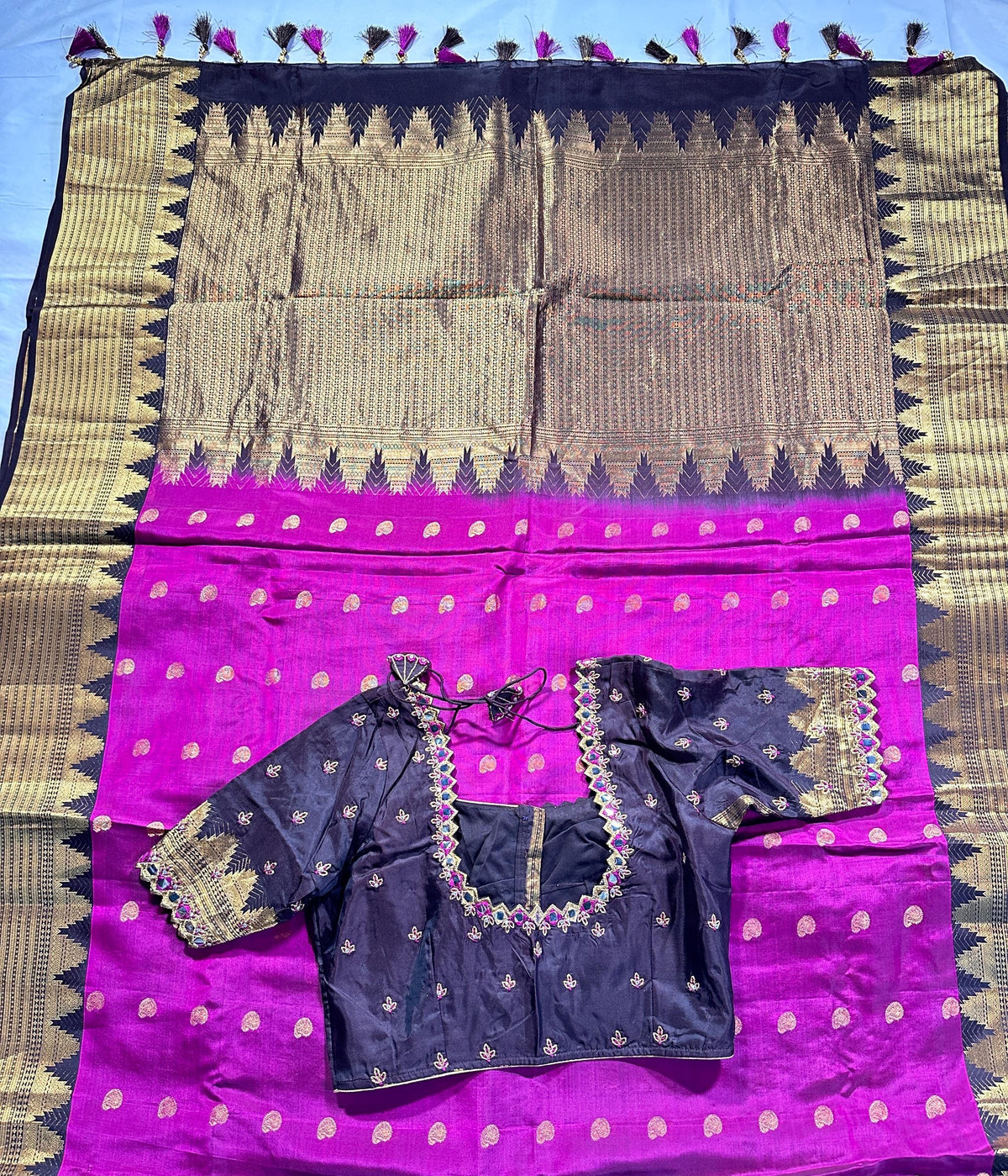 Pure Handloom Kanjivaram Silk Saree with Stitched Maggam Blouse | Pink Zari Wedding Saree | Ships from USA