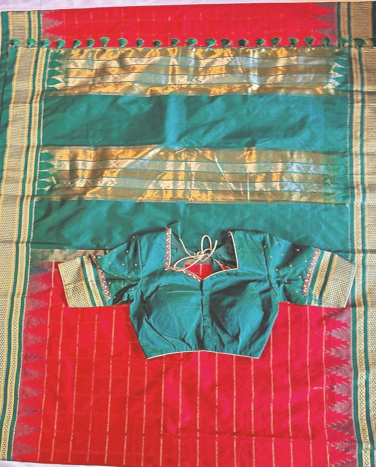 Traditional Ilkal Semi Silk Saree with Rich Tope Pallu, Temple Zari Checks, Chikki Paras Border, Saree with stitched blo