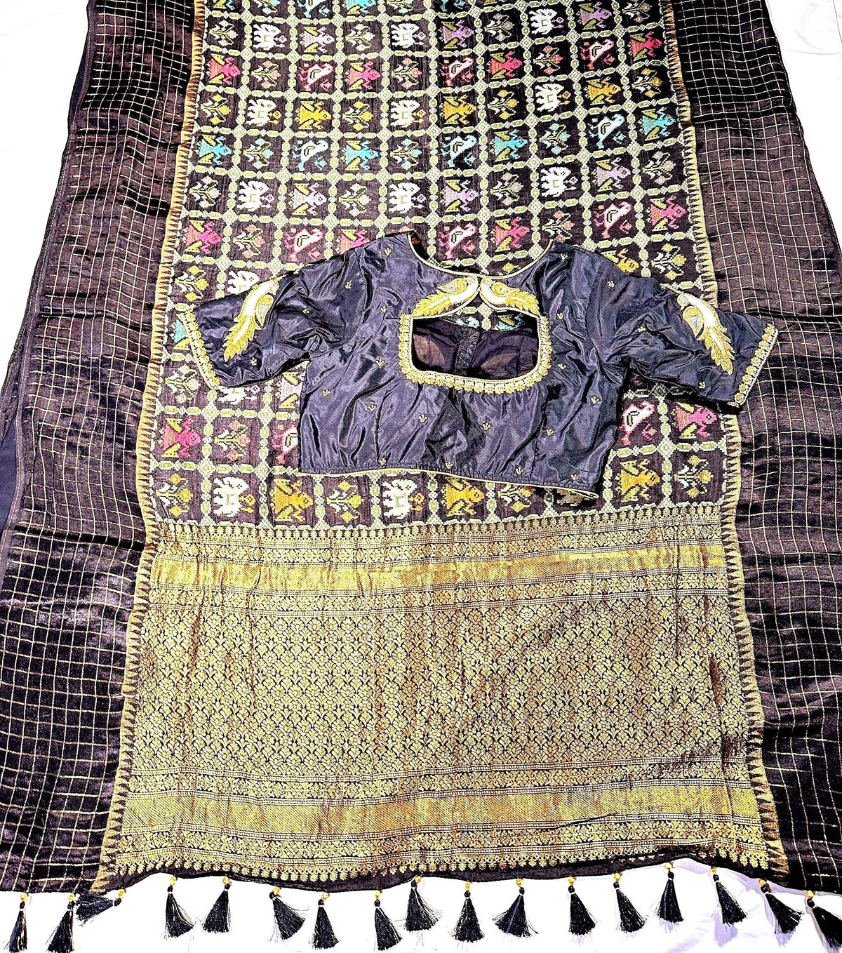 Munga Patola Silk Saree Weaving with Stitched Maggam Blouse, Mushru Satin Border, Grand Woven Pallu, Wedding Saree from 