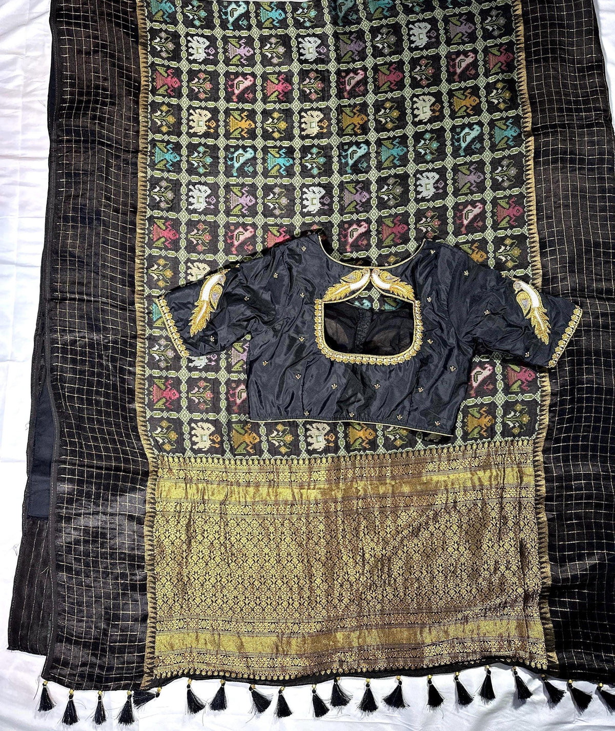 Munga Patola Silk Saree Weaving with Stitched Maggam Blouse, Mushru Satin Border, Grand Woven Pallu, Wedding Saree from 