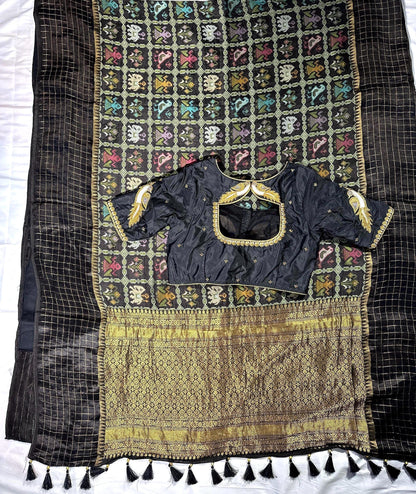 Munga Patola Silk Saree Weaving with Stitched Maggam Blouse, Mushru Satin Border, Grand Woven Pallu, Wedding Saree from 