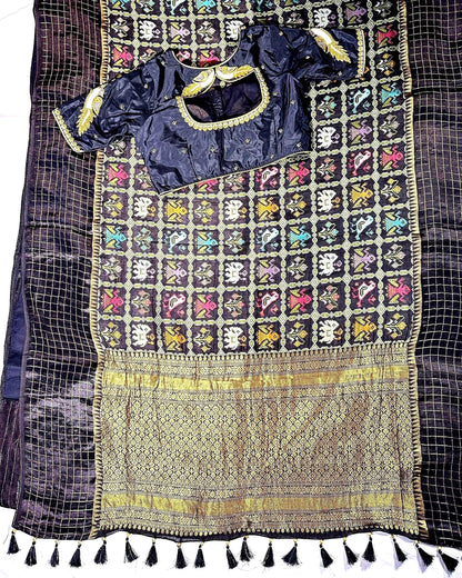 Munga Patola Silk Saree Weaving with Stitched Maggam Blouse, Mushru Satin Border, Grand Woven Pallu, Wedding Saree from 