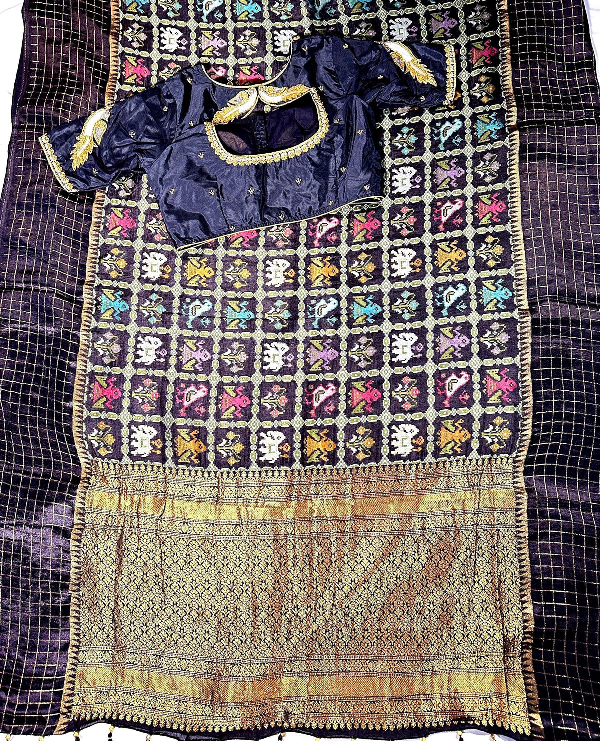 Munga Patola Silk Saree Weaving with Stitched Maggam Blouse, Mushru Satin Border, Grand Woven Pallu, Wedding Saree from 