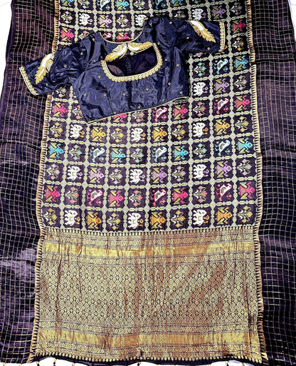 Munga Patola Silk Saree Weaving with Stitched Maggam Blouse, Mushru Satin Border, Grand Woven Pallu, Wedding Saree from 