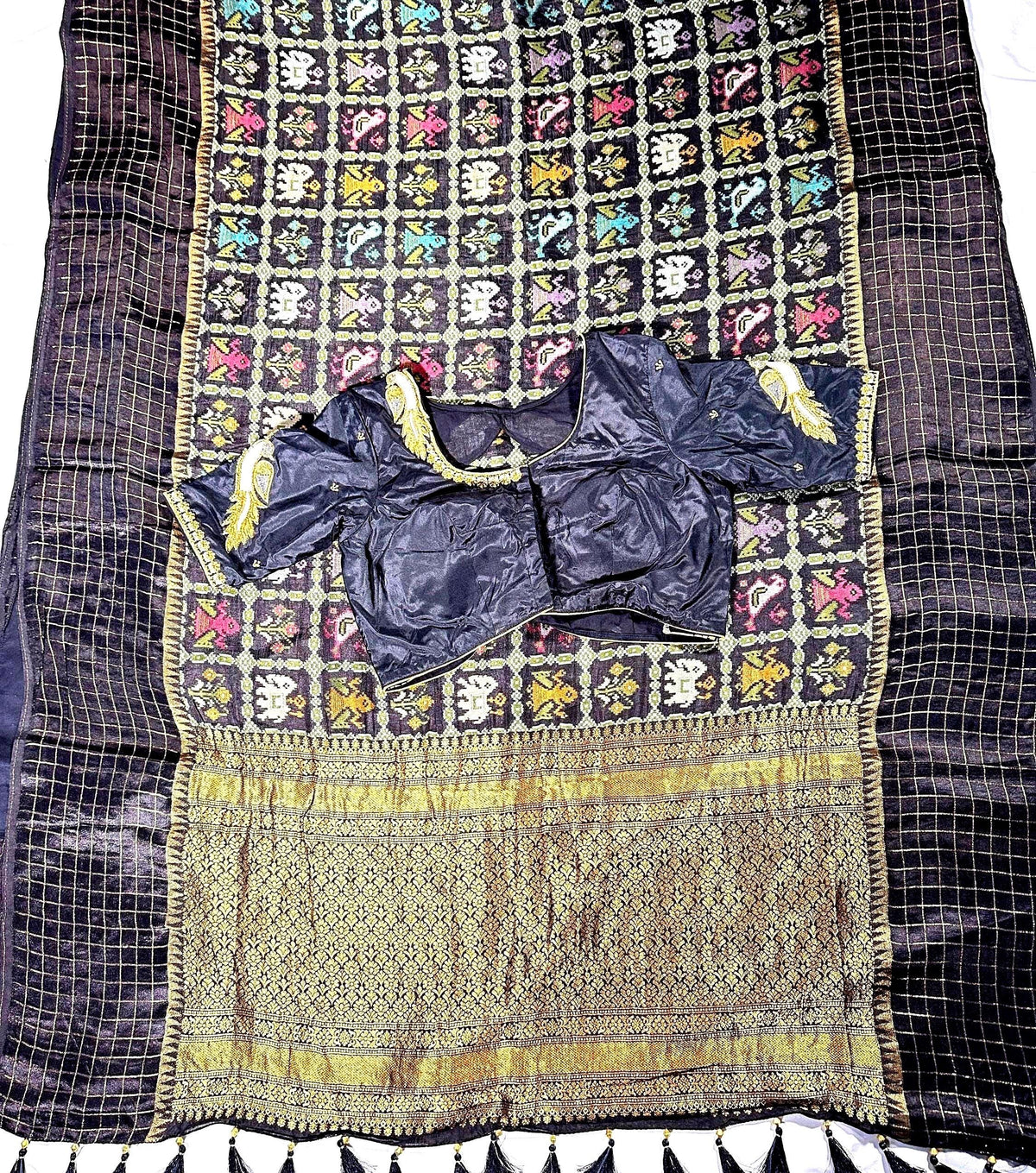 Munga Patola Silk Saree Weaving with Stitched Maggam Blouse, Mushru Satin Border, Grand Woven Pallu, Wedding Saree from 