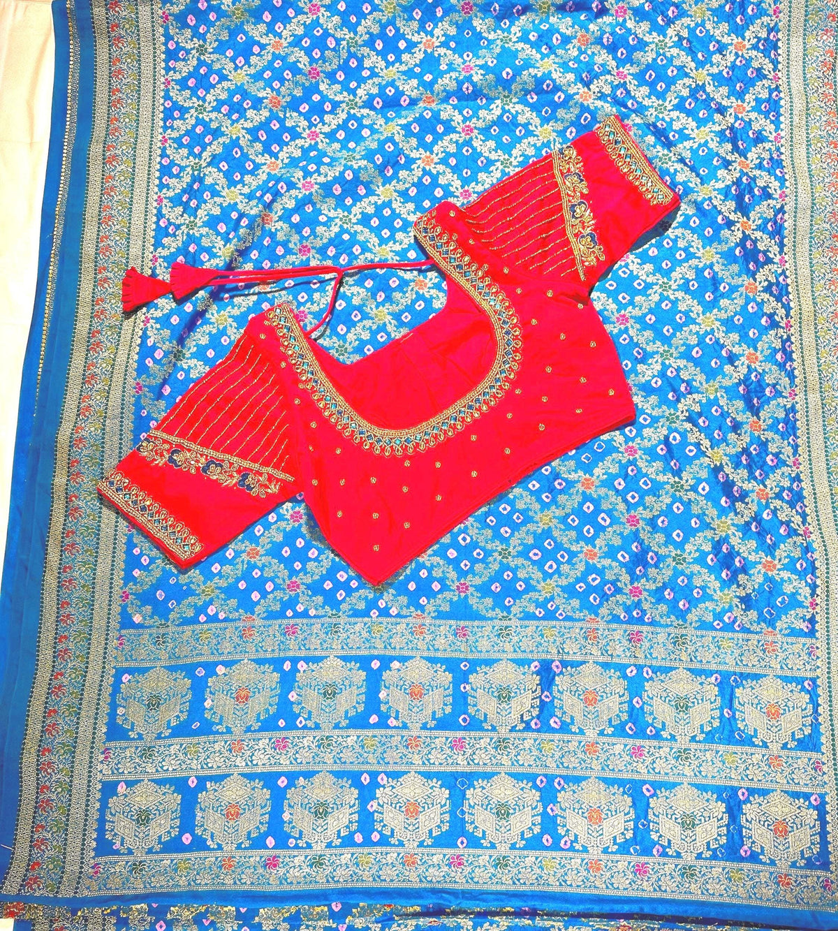 Banarasi Bandhani Dupion Silk Saree with Stitched Blouse, Meenakari Jaal Design, Indian Wedding Gift Saree, Ships from USA - 