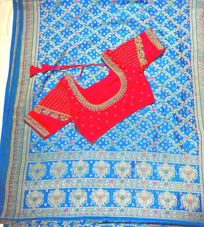 Banarasi Bandhani Dupion Silk Saree with Stitched Blouse, Meenakari Jaal Design, Indian Wedding Gift Saree, Ships from USA - 