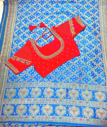 Banarasi Bandhani Dupion Silk Saree with Stitched Blouse, Meenakari Jaal Design, Indian Wedding Gift Saree, Ships from USA - 
