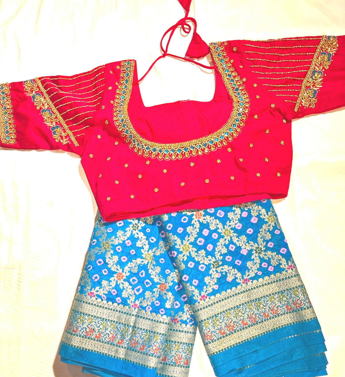 Banarasi Bandhani Dupion Silk Saree with Stitched Blouse, Meenakari Jaal Design, Indian Wedding Gift Saree, Ships from USA - 