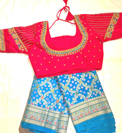 Banarasi Bandhani Dupion Silk Saree with Stitched Blouse, Meenakari Jaal Design, Indian Wedding Gift Saree, Ships from USA - 