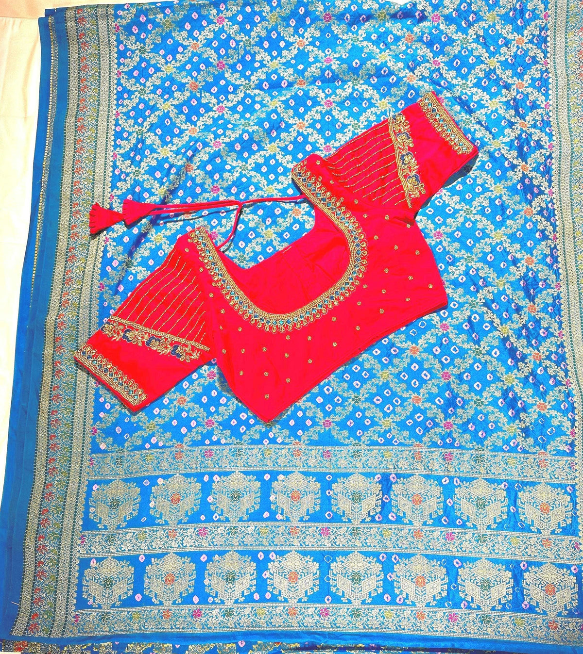 Banarasi Bandhani Dupion Silk Saree with Stitched Blouse, Meenakari Jaal Design, Indian Wedding Gift Saree, Ships from USA - 