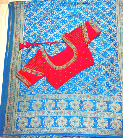 Banarasi Bandhani Dupion Silk Saree with Stitched Blouse, Meenakari Jaal Design, Indian Wedding Gift Saree, Ships from USA - 