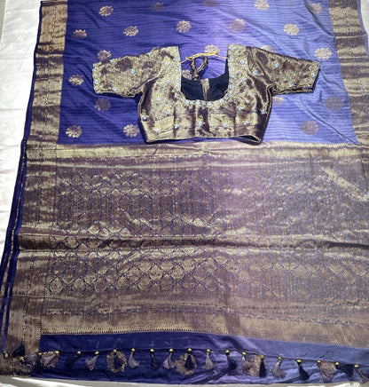 Banarasi Katan Silk Saree with Stitched Blouse | Antique Zari Buta | Wedding Guest Saree