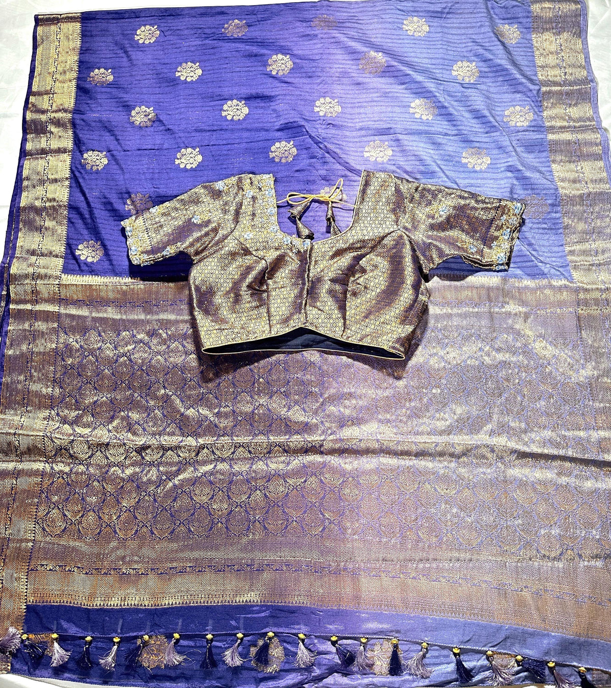 Banarasi Katan Silk Saree with Stitched Blouse | Antique Zari Buta | Wedding Guest Saree