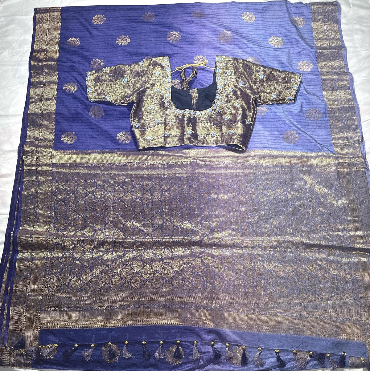 Banarasi Katan Silk Saree with Stitched Blouse | Antique Zari Buta | Wedding Guest Saree