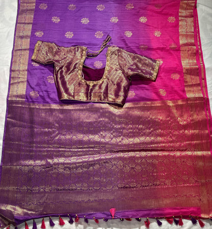 Tussar Silk Banarasi Muga Saree Katan Silk with Stitched Blouse | Antique Buta Zari | Ready to wear, USA Shipping