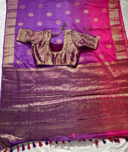 Tussar Silk Banarasi Muga Saree Katan Silk with Stitched Blouse | Antique Buta Zari | Ready to wear, USA Shipping