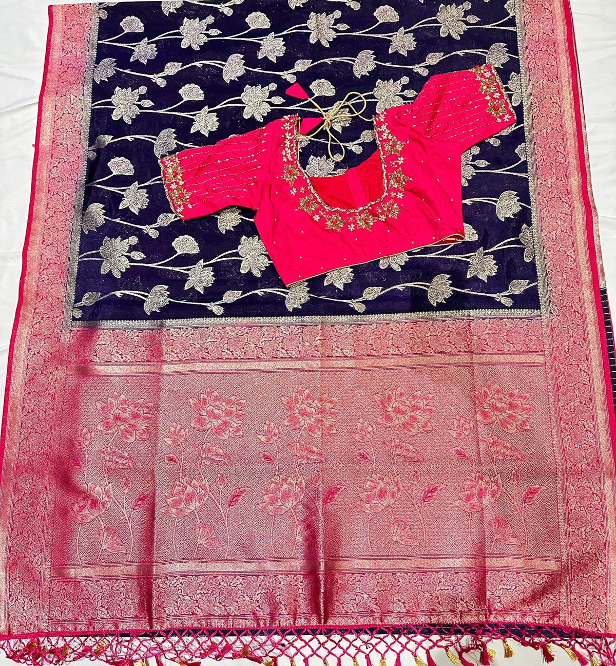 Resham Work Fancy Silk Saree with Stitched Maggam Blouse | Indian Wedding Saree | Festive Wear | Ships from USA