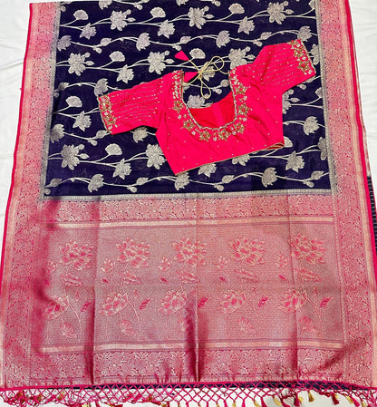 Resham Work Fancy Silk Saree with Stitched Maggam Blouse | Indian Wedding Saree | Festive Wear | Ships from USA