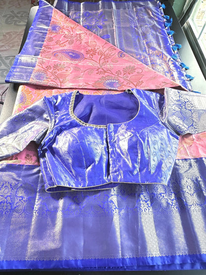 Premium Kanjivaram Semi Silk Saree with Stitched Blouse,  Maggam Work Blouse, Wedding Party Wear , Shipping in USA,