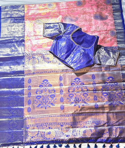 Premium Kanjivaram Semi Silk Saree with Stitched Blouse,  Maggam Work Blouse, Wedding Party Wear , Shipping in USA,