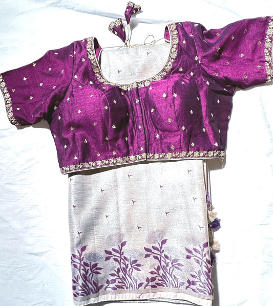 Fancy Tissue Kanjivaram Saree with Stitched Designer Embroidered Blouse, Floral Woven Saree, Indian Wedding Guest Saree,