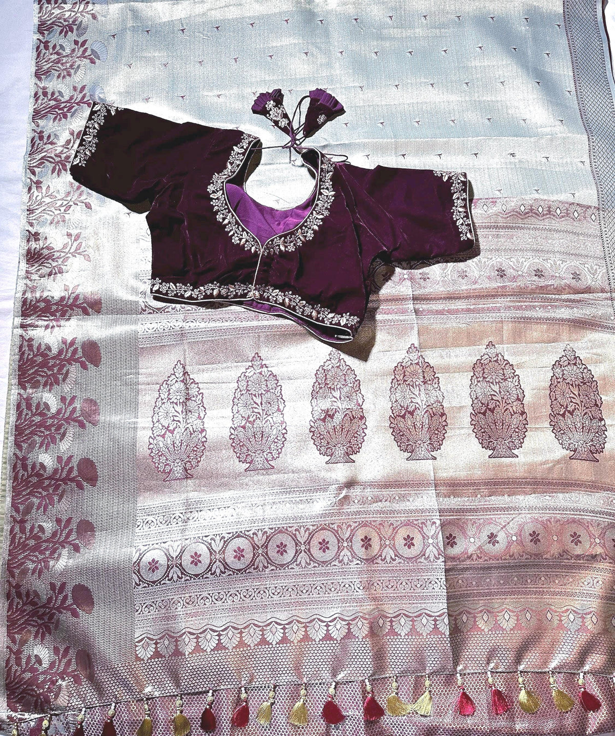 Fancy Tissue Kanjivaram Saree with Stitched Designer Embroidered Blouse, Floral Woven Saree, Indian Wedding Guest Saree,