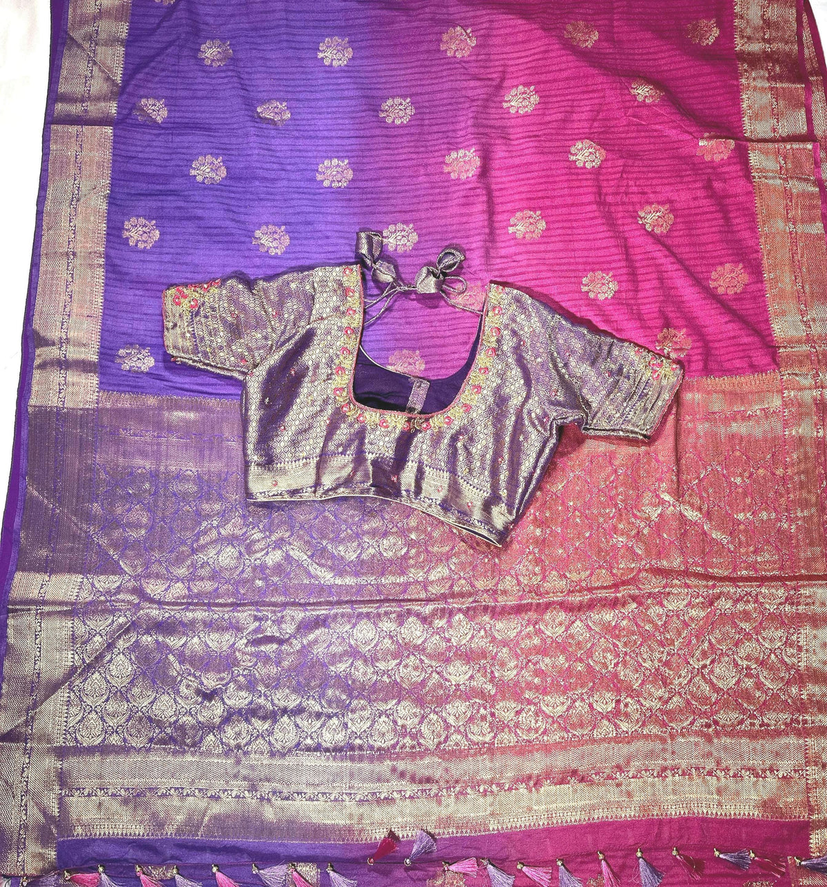 Banarasi Silk Saree with Stitched Blouse | Muga Katan Zari Saree | Indian Wedding Saree
