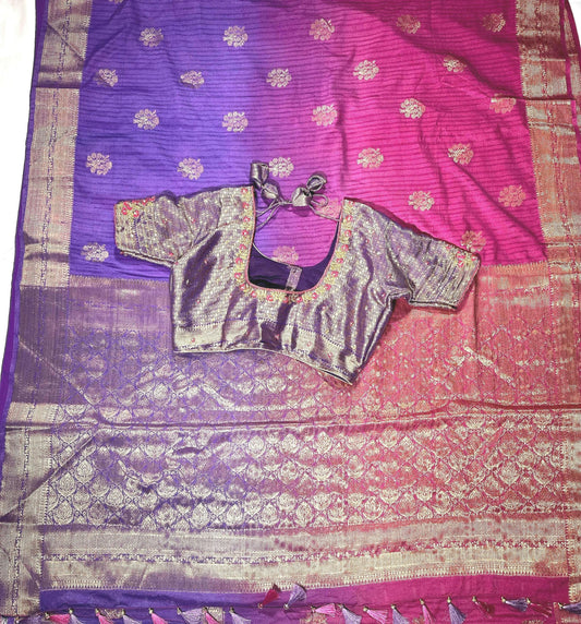 Banarasi Silk Saree with Stitched Blouse | Muga Katan Zari Saree | Indian Wedding Saree