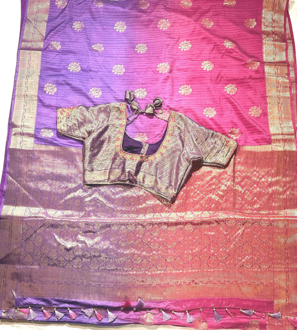 Banarasi Silk Saree with Stitched Blouse | Muga Katan Zari Saree | Indian Wedding Saree