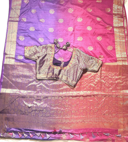 Banarasi Silk Saree with Stitched Blouse | Muga Katan Zari Saree | Indian Wedding Saree