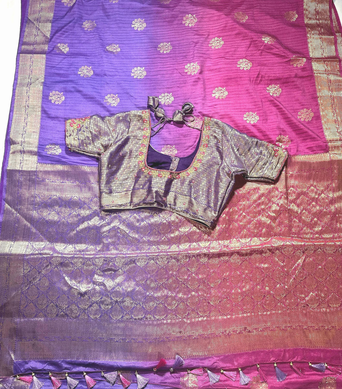 Banarasi Silk Saree with Stitched Blouse | Muga Katan Zari Saree | Indian Wedding Saree