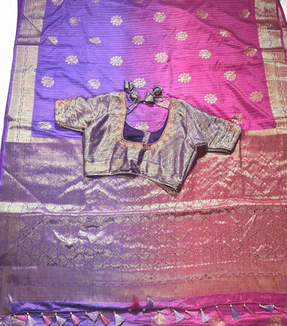 Banarasi Silk Saree with Stitched Blouse | Muga Katan Zari Saree | Indian Wedding Saree