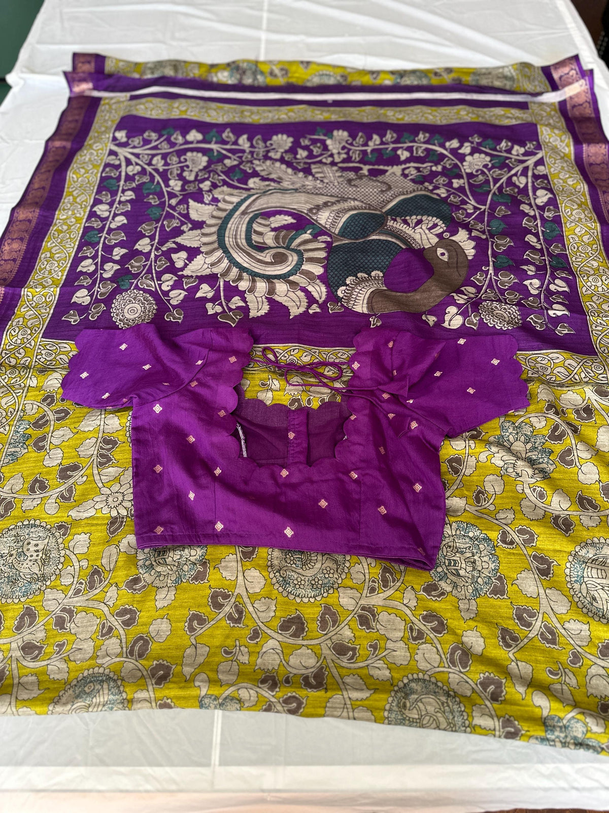 Kalamkari Maheshwari Light Greenish  Semi Silk Saree with Stitched Blouse | Indian Traditional Saree  | Ships from USA