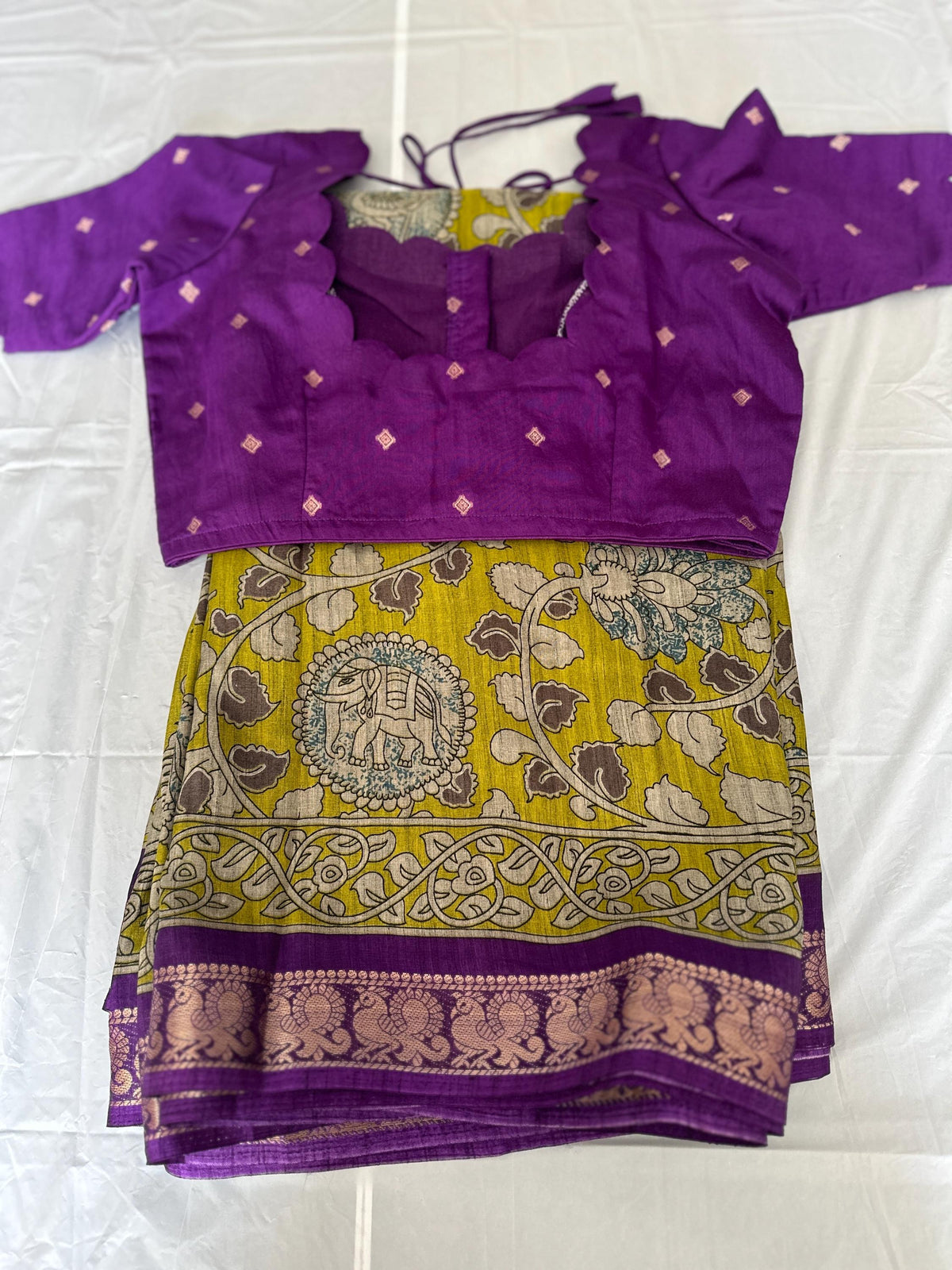 Kalamkari Maheshwari Light Greenish  Semi Silk Saree with Stitched Blouse | Indian Traditional Saree  | Ships from USA