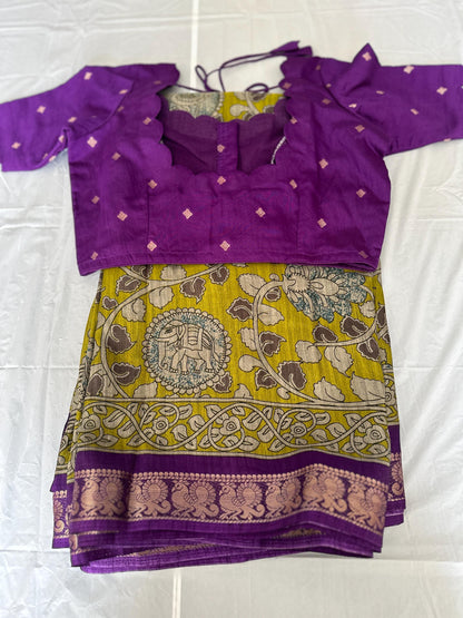 Kalamkari Maheshwari Light Greenish  Semi Silk Saree with Stitched Blouse | Indian Traditional Saree  | Ships from USA