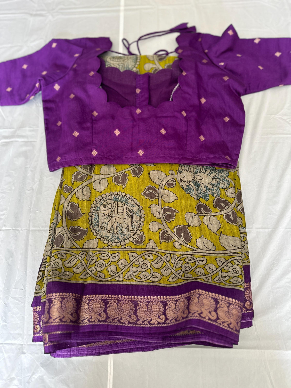 Kalamkari Maheshwari Light Greenish  Semi Silk Saree with Stitched Blouse | Indian Traditional Saree  | Ships from USA
