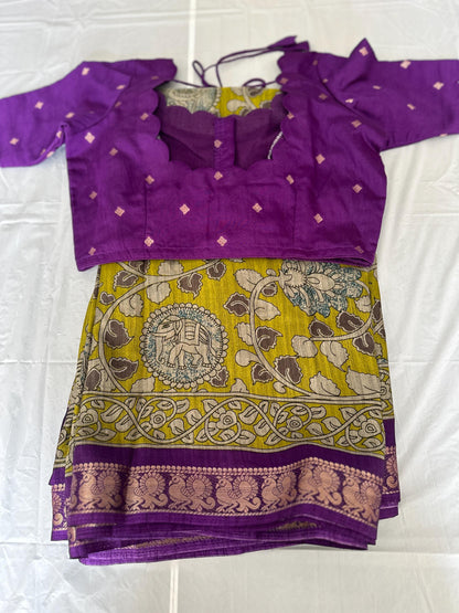 Kalamkari Maheshwari Light Greenish  Semi Silk Saree with Stitched Blouse | Indian Traditional Saree  | Ships from USA