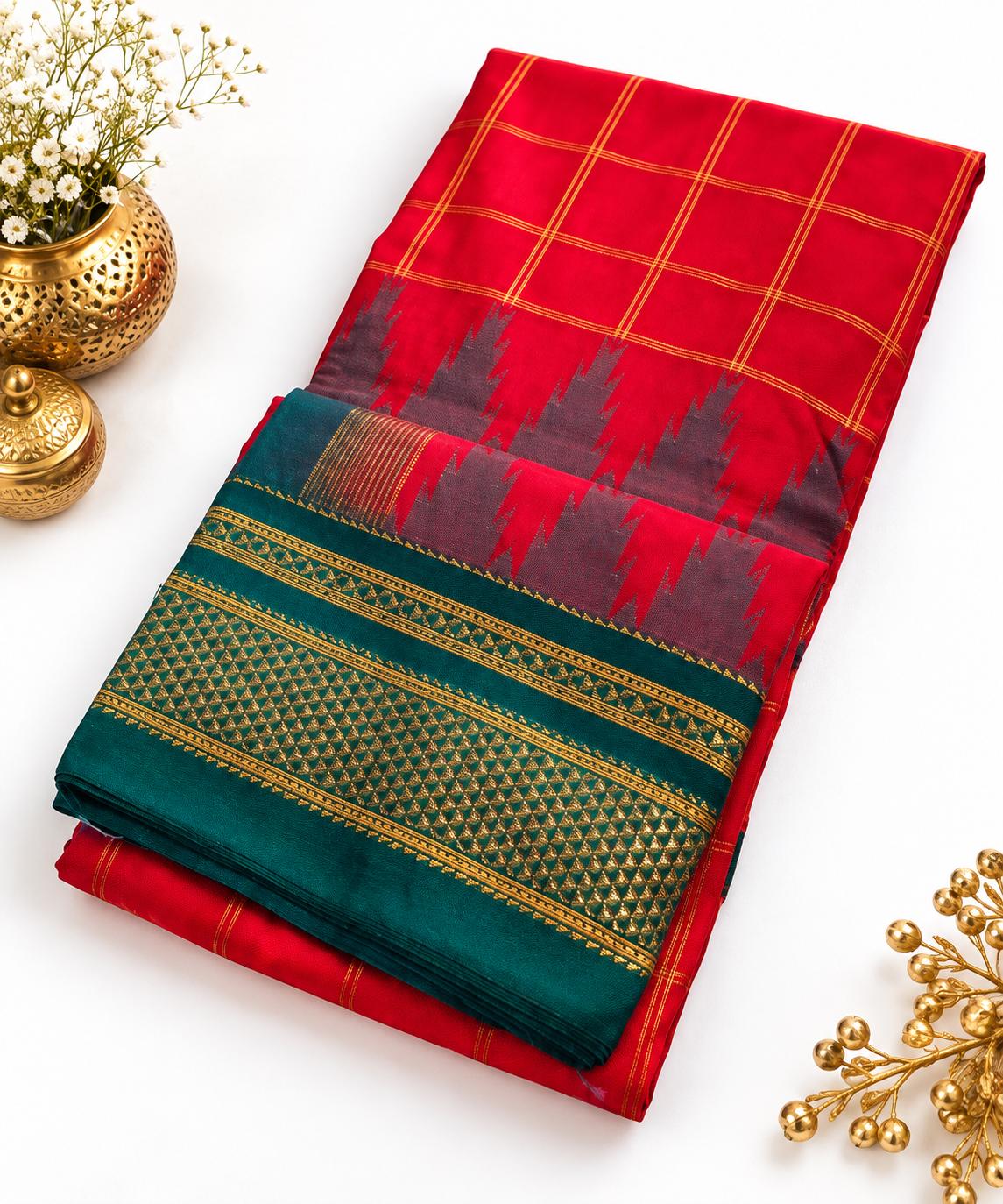 Traditional Ilkal Semi Silk Saree with Rich Tope Pallu, Temple Zari Checks, Chikki Paras Border, Saree with stitched blo