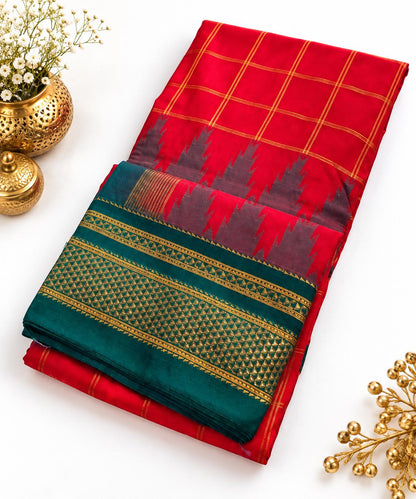 Traditional Ilkal Semi Silk Saree with Rich Tope Pallu, Temple Zari Checks, Chikki Paras Border, Saree with stitched blo