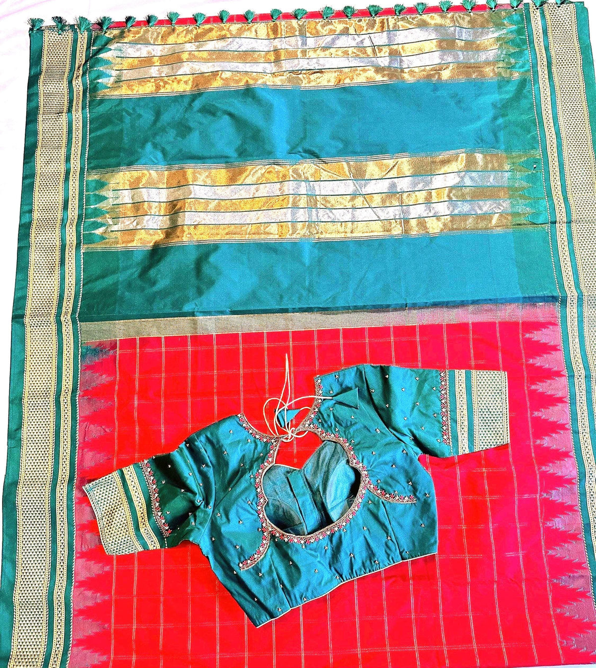 Traditional Ilkal Semi Silk Saree with Rich Tope Pallu, Temple Zari Checks, Chikki Paras Border, Saree with stitched blo