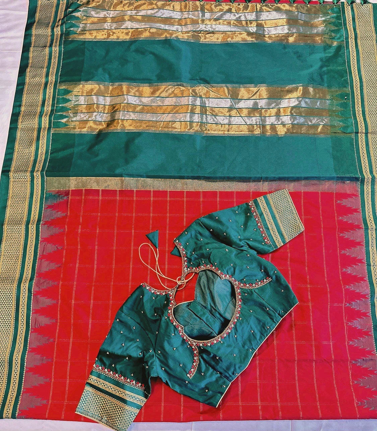 Traditional Ilkal Semi Silk Saree with Rich Tope Pallu, Temple Zari Checks, Chikki Paras Border, Saree with stitched blo