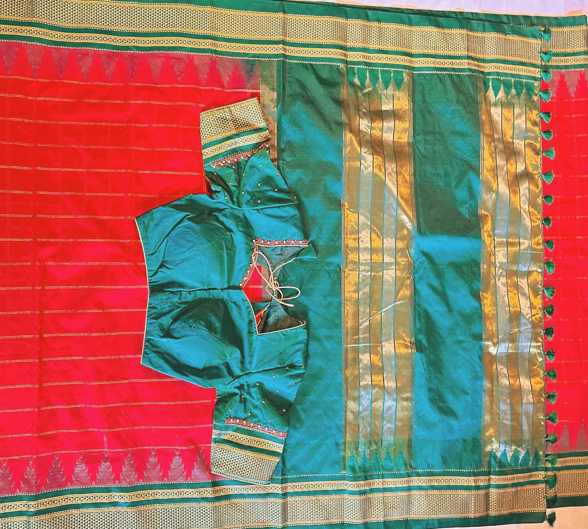 Traditional Ilkal Semi Silk Saree with Rich Tope Pallu, Temple Zari Checks, Chikki Paras Border, Saree with stitched blo