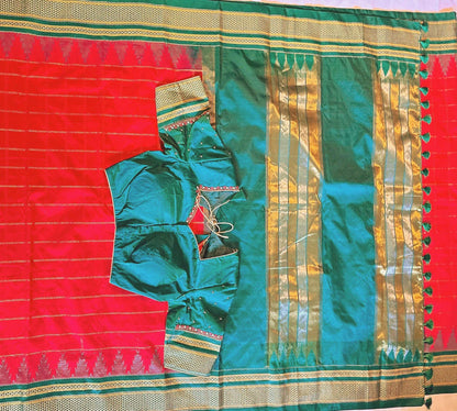 Traditional Ilkal Semi Silk Saree with Rich Tope Pallu, Temple Zari Checks, Chikki Paras Border, Saree with stitched blo