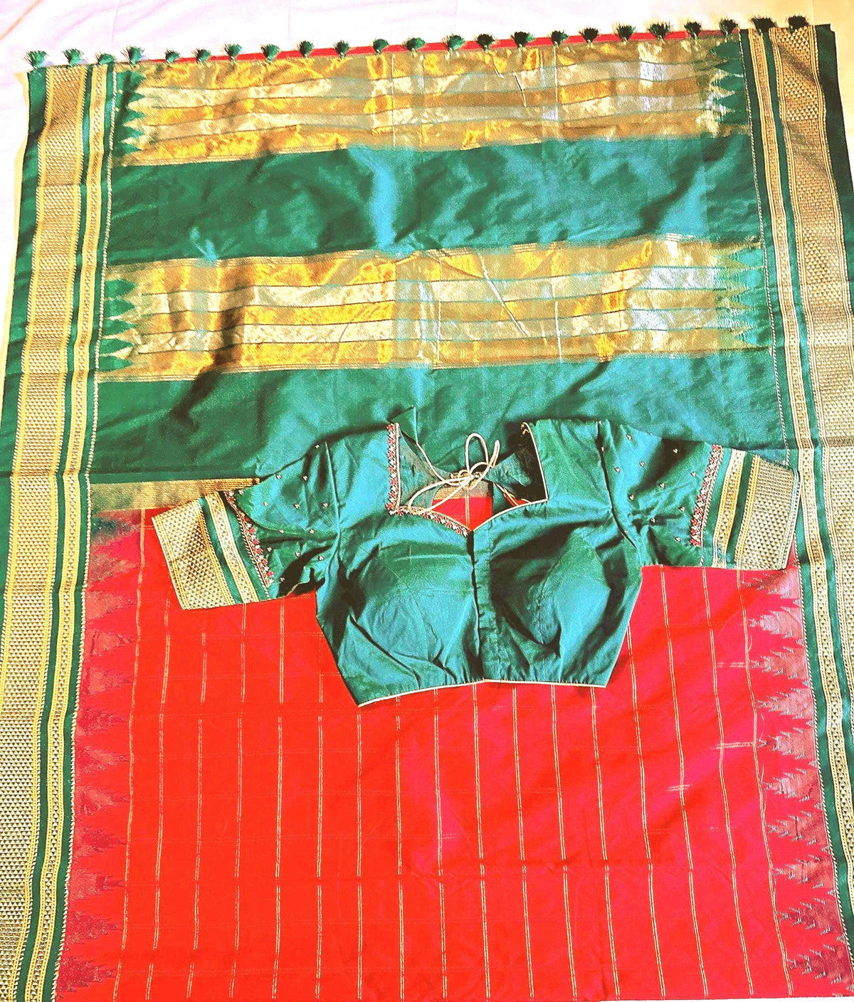 Traditional Ilkal Semi Silk Saree with Rich Tope Pallu, Temple Zari Checks, Chikki Paras Border, Saree with stitched blo
