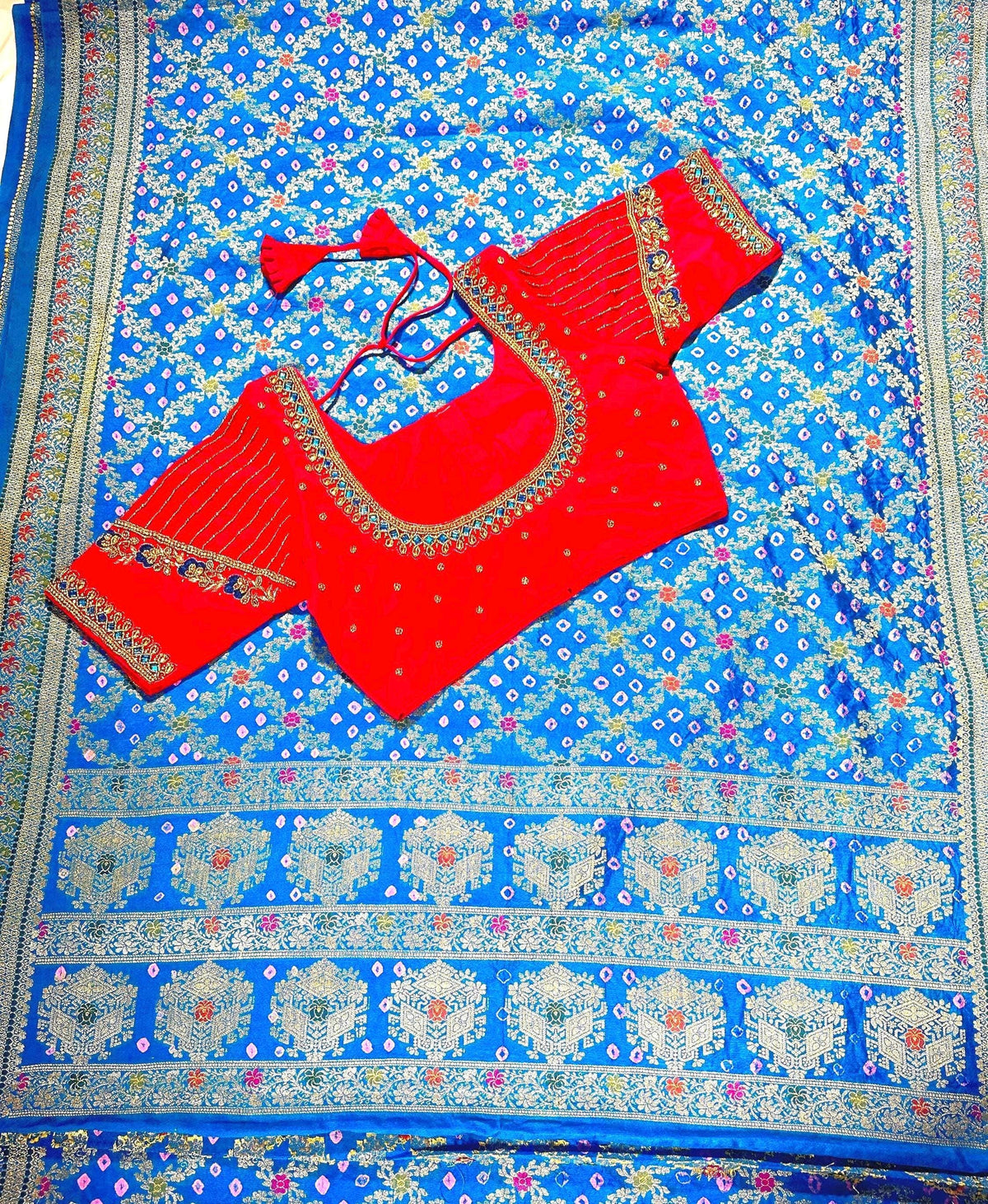 Banarasi Bandhani Dupion Silk Saree with Stitched Blouse, Meenakari Jaal Design, Indian Wedding Gift Saree, Ships from USA
