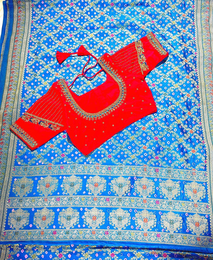Banarasi Bandhani Dupion Silk Saree with Stitched Blouse, Meenakari Jaal Design, Indian Wedding Gift Saree, Ships from USA