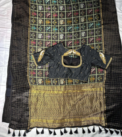 Munga Patola Silk Saree Weaving with Stitched Maggam Blouse, Mushru Satin Border, Grand Woven Pallu, Wedding Saree from 