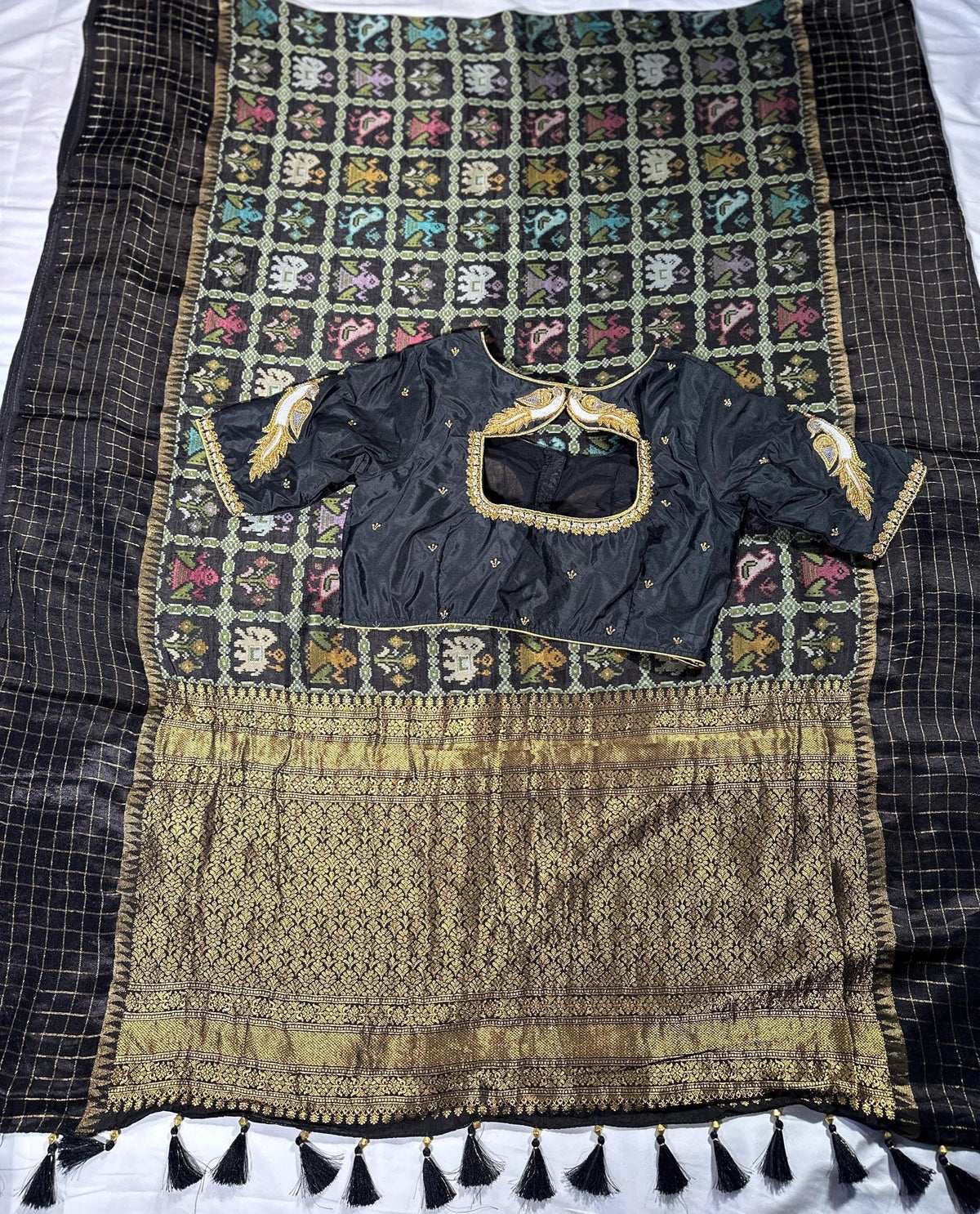 Munga Patola Silk Saree Weaving with Stitched Maggam Blouse, Mushru Satin Border, Grand Woven Pallu, Wedding Saree from 