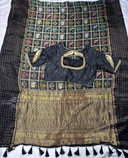 Munga Patola Silk Saree Weaving with Stitched Maggam Blouse, Mushru Satin Border, Grand Woven Pallu, Wedding Saree from 